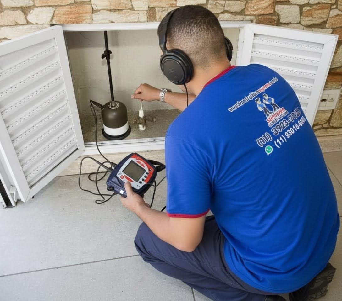 Técnico da Suprema Desentupidora usando geofone eletrônico para caça vazamento — bairro Belém, São Paulo