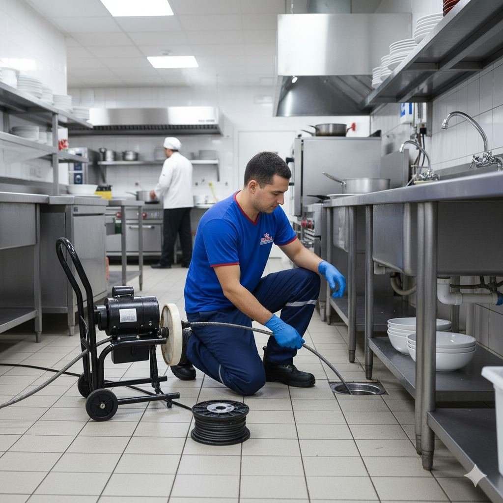 Técnico da Suprema Desentupidora desentupindo ralo de cozinha industrial com máquina rotativa — bairro Interlagos, São Paulo