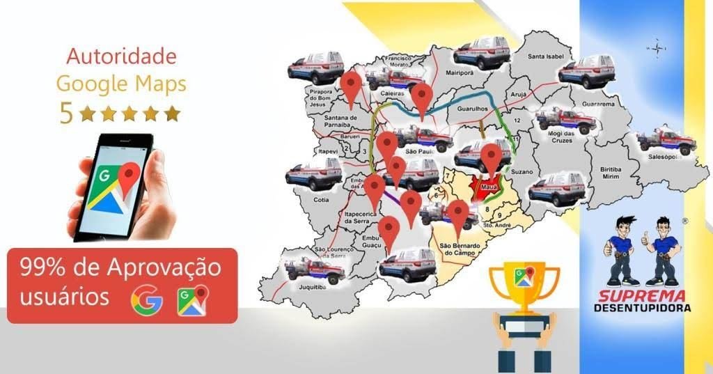 Mapa de atendimento da Suprema Desentupidora na Grande São Paulo com avaliação 5 estrelas — bairro Perdizes, São Paulo